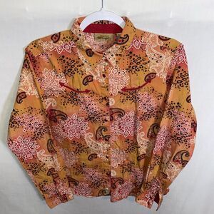 Wrangler Women’s Ruby Red Snap Shirt Size Medium Orange Floral Western Rodeo